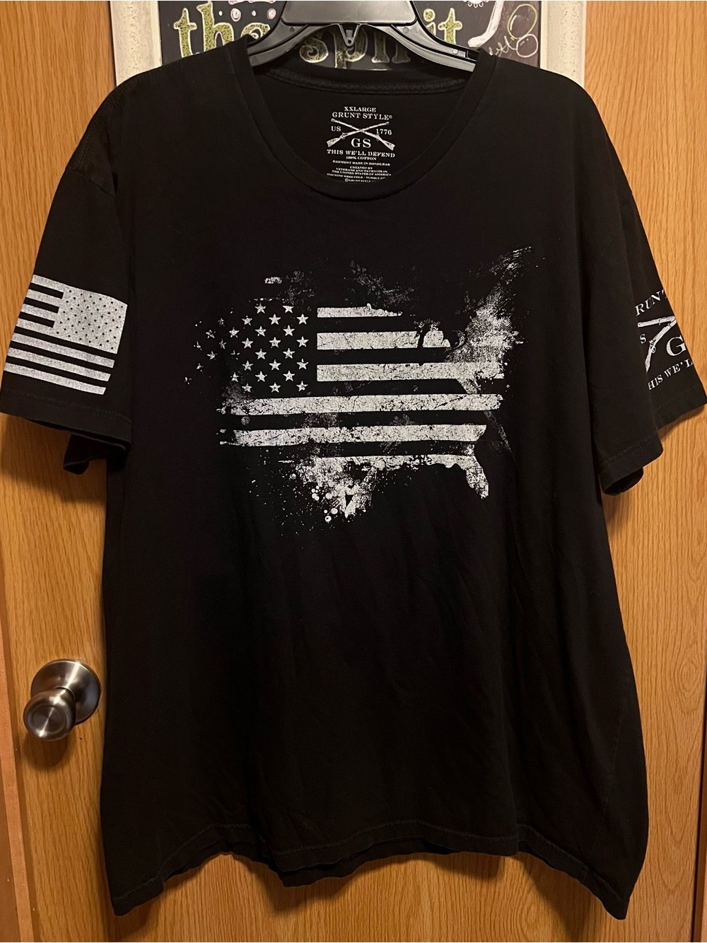 Grunt Style Black Tee with Distressed White USA Flag Graphic